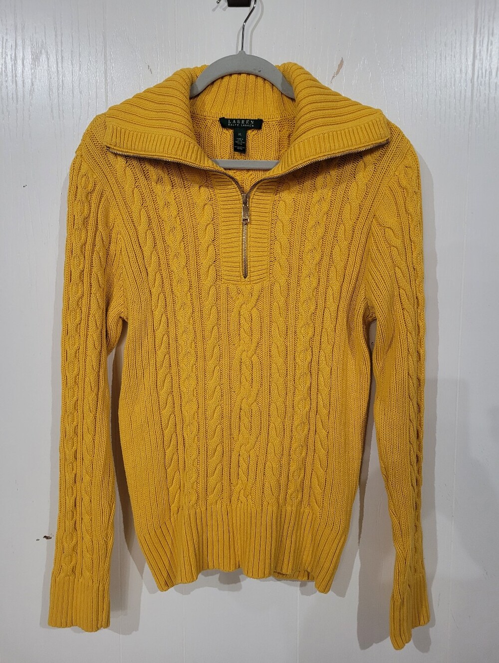 Lauren Ralph Lauren Vintage Mustard Yellow Cable-Knit Half-Zip Sweater Size XL